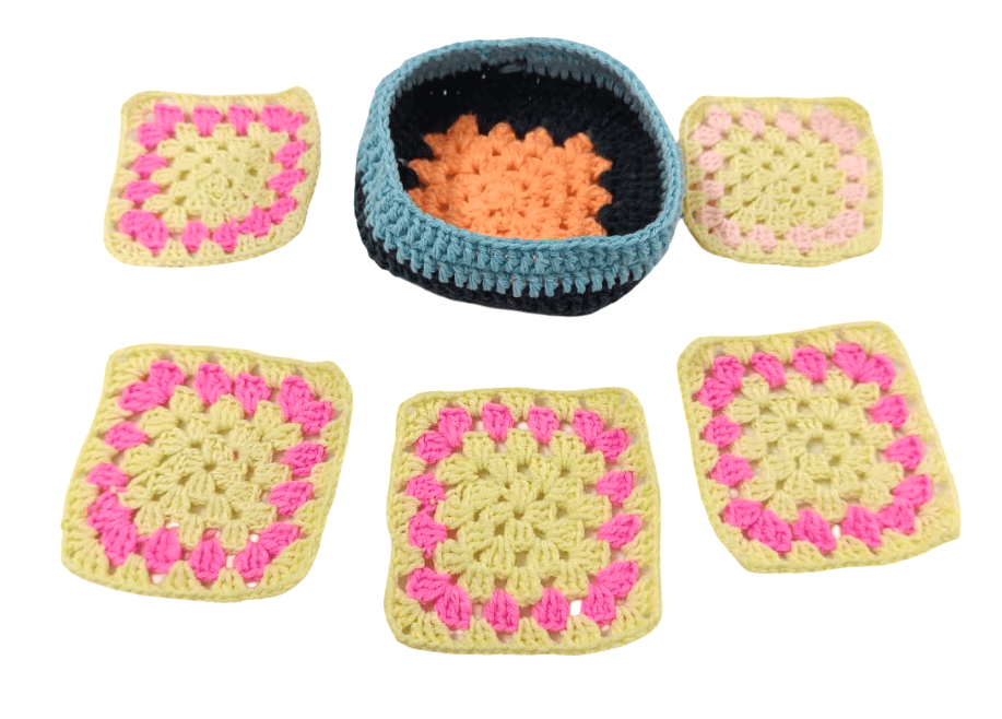 Vibrant Handmade Crochet Granny Square Coasters & Small Basket Set for Decor