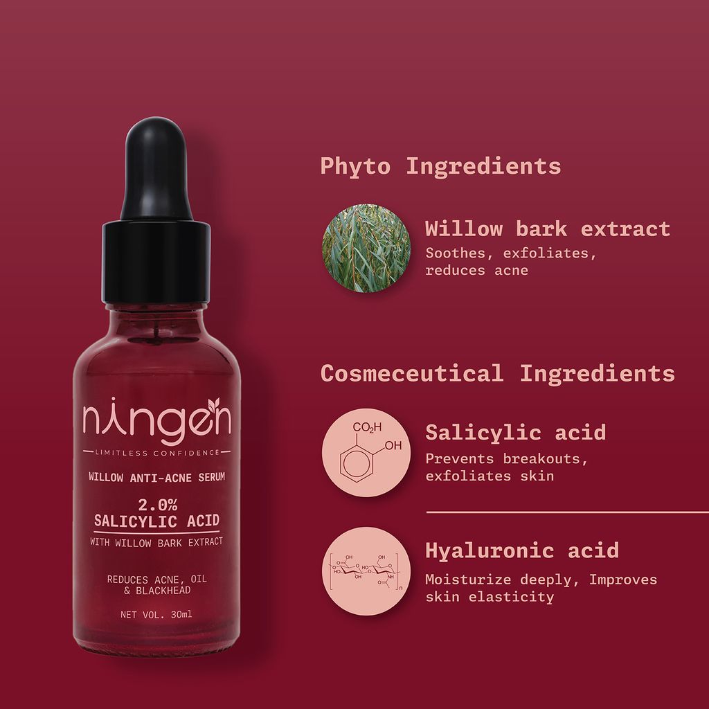 Ningen Willow Anti Acne Face Serum | Contains 2% Salicylic Acid | Blackhead & Breakout Control