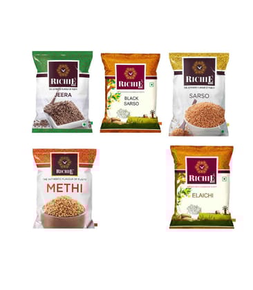 Richie Whole Spices Fusion Offer - Jeera, Black Mustard, Yellow Mustard, Methi & Badi Elaichi, 100 gm Each - Pack of 5