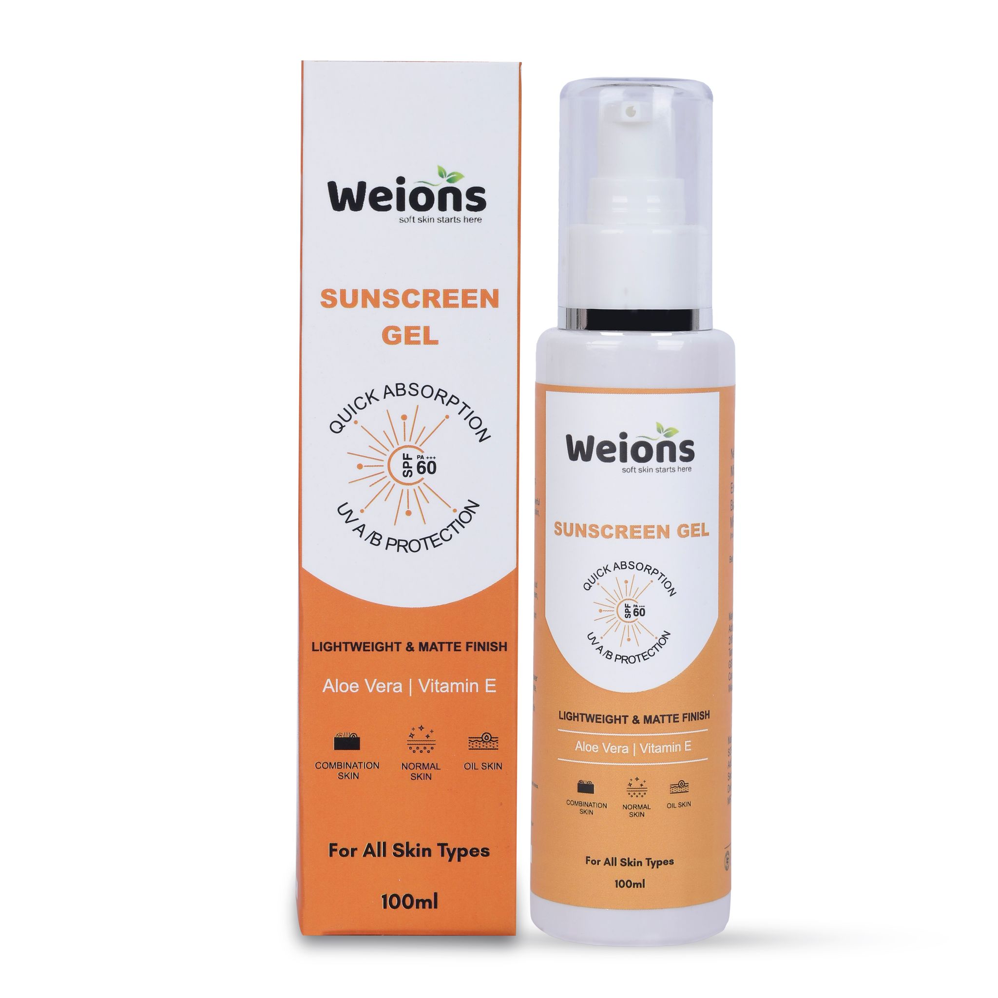Weions SPF 60 Sunscreen Gel with Aloe Vera & Vitamin E, 100ml, No White Cast