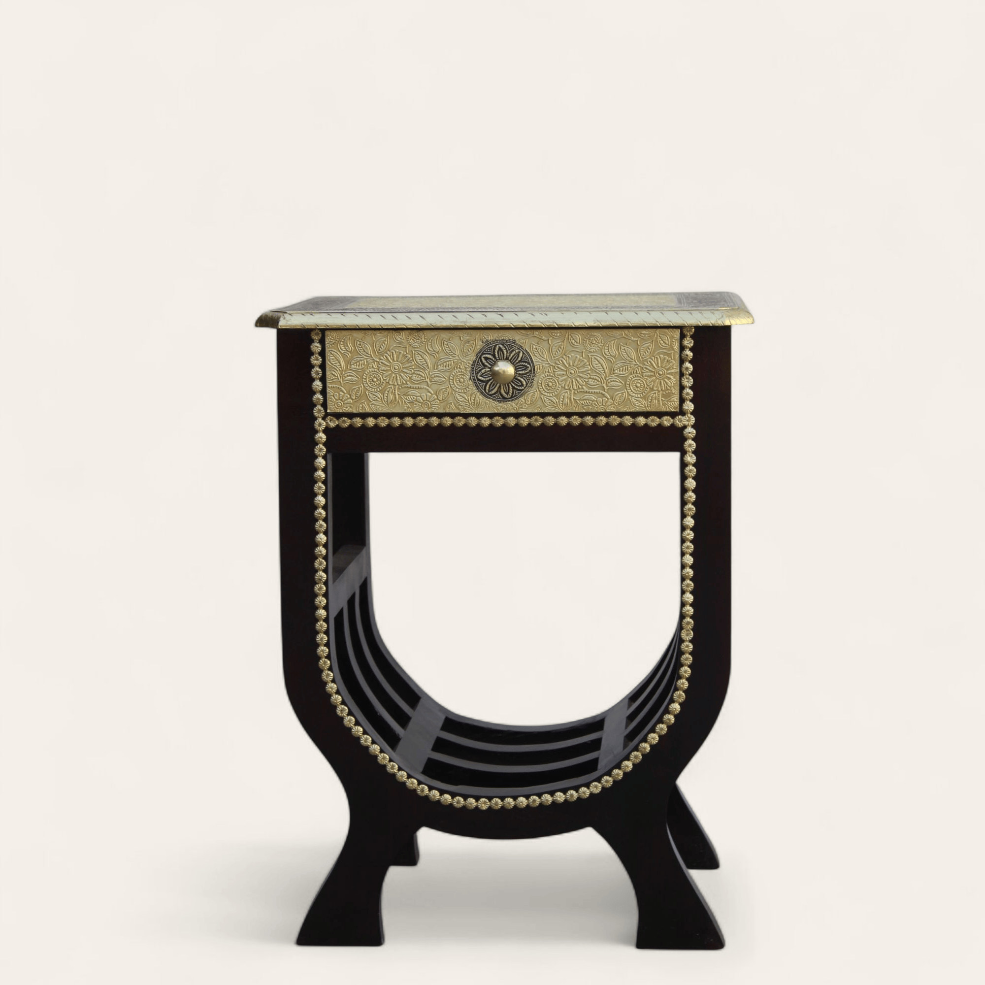 Shambhu Handicrafts Wooden U Shape Stool Cum Side Table || Handcrafted brass feeting With One Drawer Storage & Magazine Rack ||  HOME || RESTAURANT || OFFICE || DRAWING,LIVING ROOM DECOR .