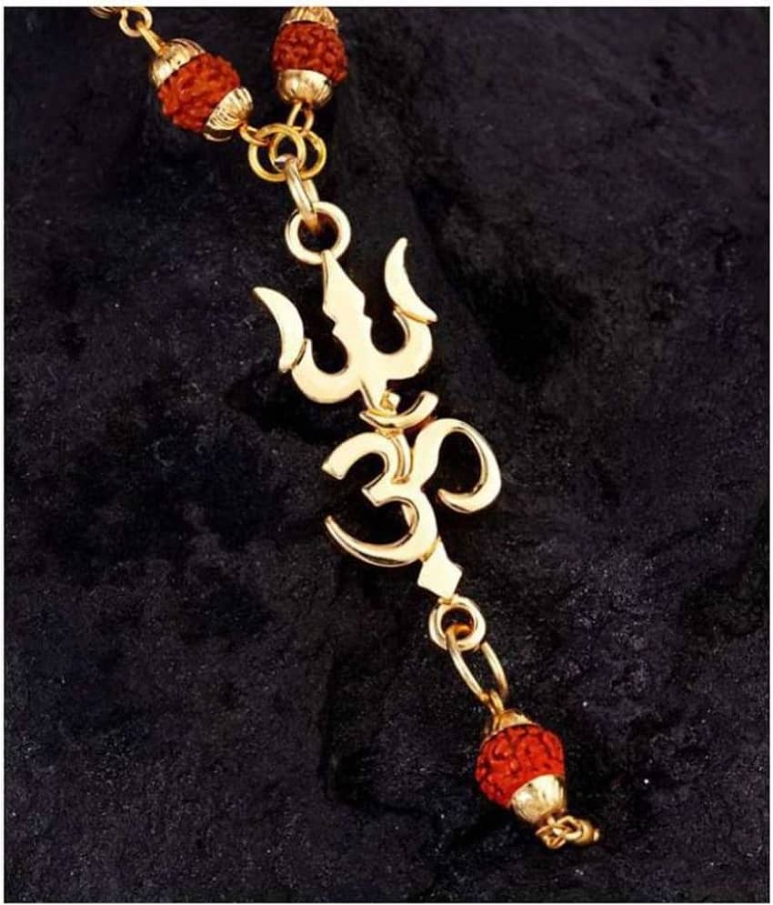 Lord Shiv Trishul Om With Puchmukhi Rudraksha Mala Gold-plated Plated Wood Chain Gold-plated Brass, Wood For Man Boys & Girls