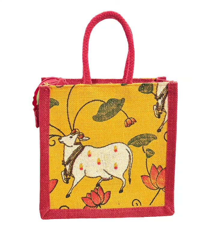 Eco-Friendly Jute Tote Bag with Sacred Kamadhenu Cow & Lotus Print