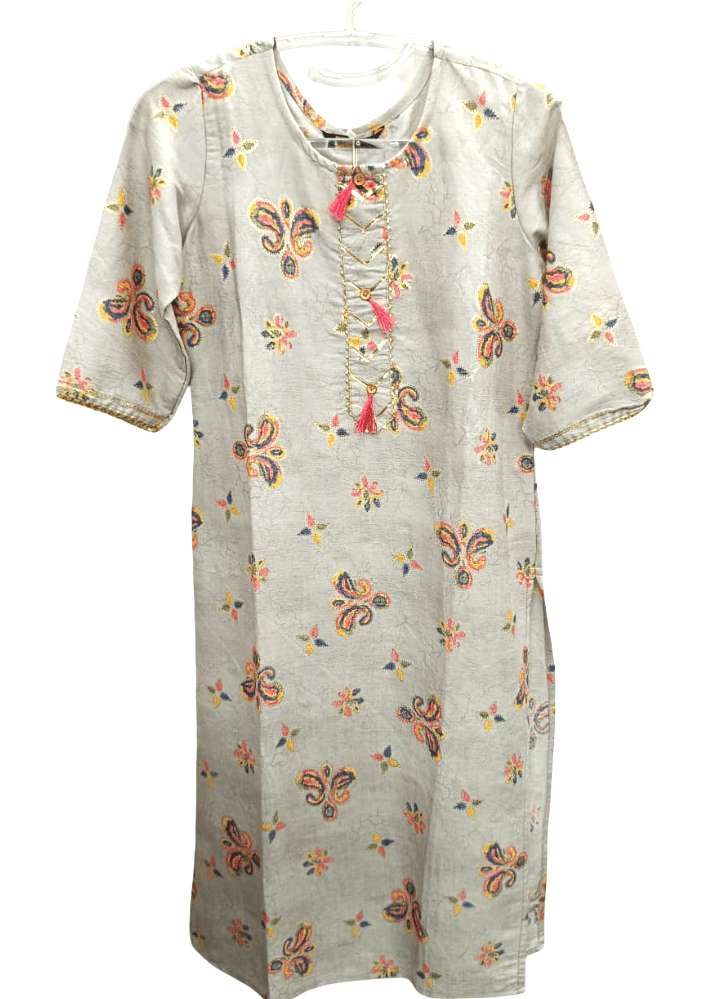 Elegant Grey Floral Paisley Printed Women's Kurta with Tassel Detail