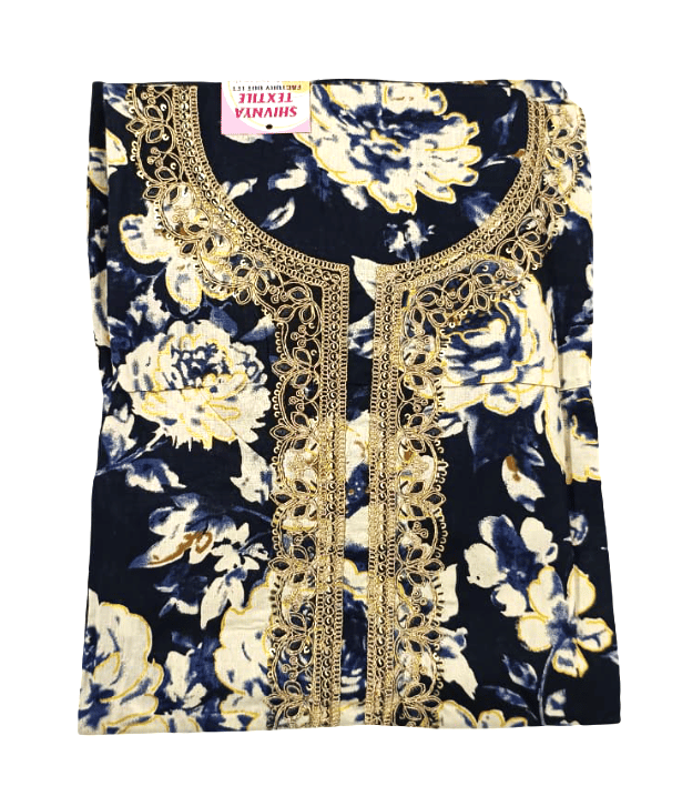 Elegant Floral Print Unstitched Dress Material with Gold Embroidered Neck for Women - Unstitched Fabrics | Buy online on ZillyBuy
