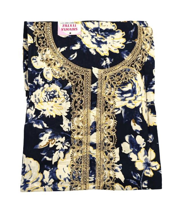 Elegant Floral Print Unstitched Dress Material with Gold Embroidered Neck for Women