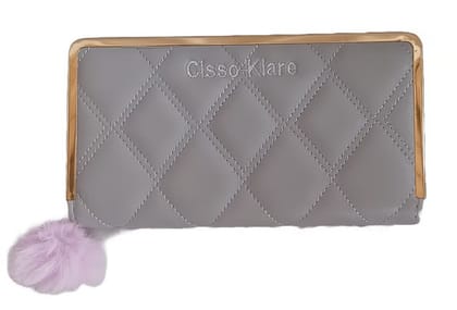 Clsso Klare Grey Quilted Wallet - Elegant Clutch with Gold Clasp & Pom-Pom