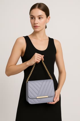 Women’s Chain Strap Gray Crossbody Bag with Gold Accents by BOMBAY COLLECTION