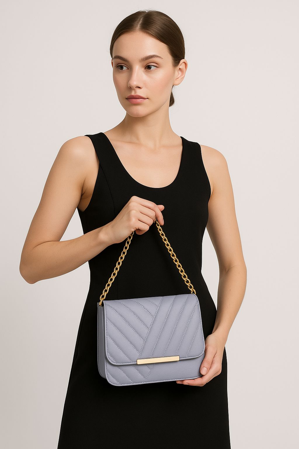 Women’s Chain Strap Gray Crossbody Bag with Gold Accents by BOMBAY COLLECTION