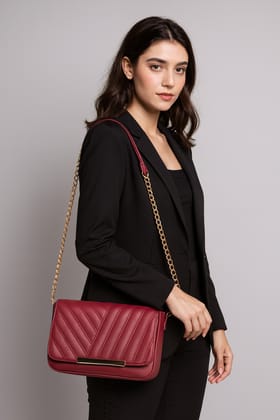 Women’s Chain Strap Maroon Crossbody Bag with Gold Accents by BOMBAY COLLECTION