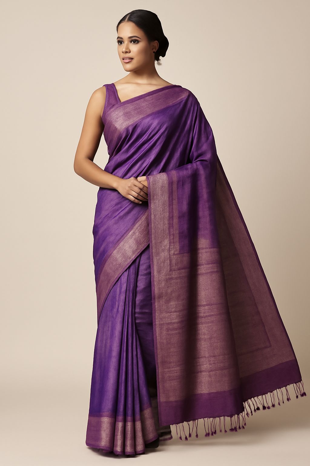 Elegant Purple Silk Blend Saree with Contrast Border & Tassels (without blouse)