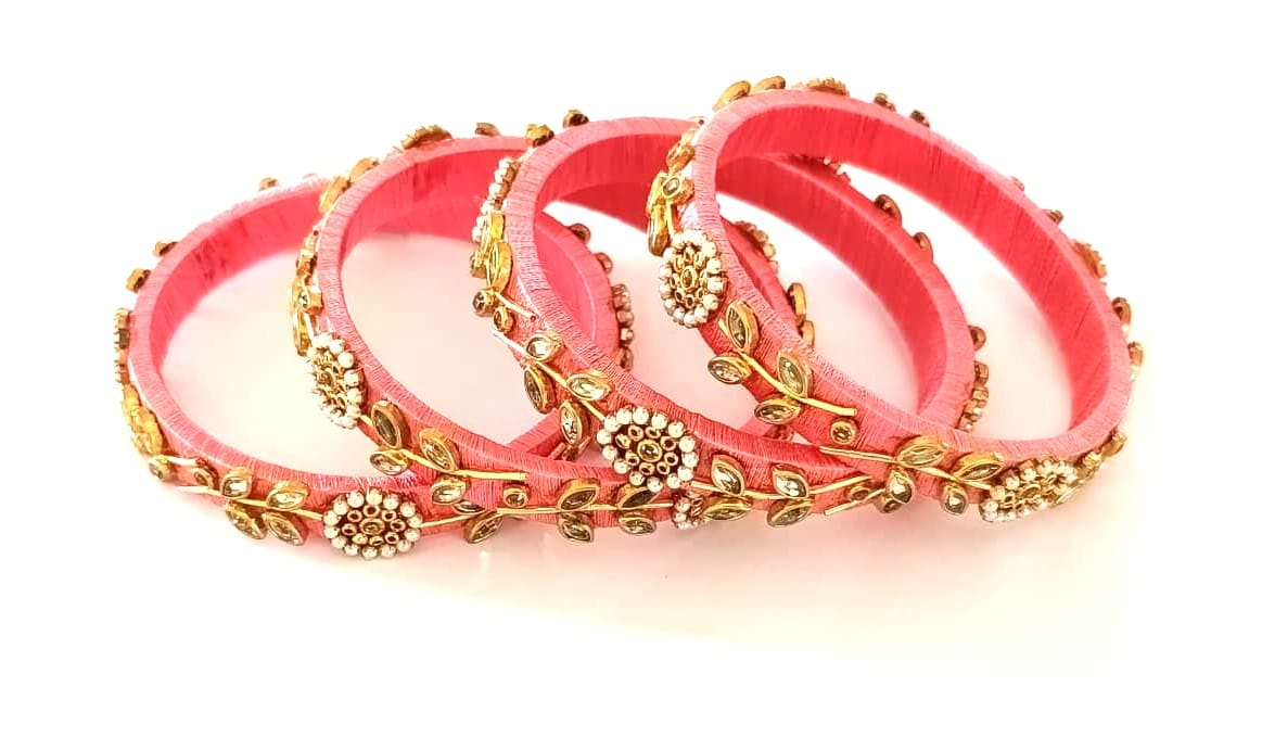 Elegant Pink Silk Thread Bangles with Kundan & Pearl Floral Design - Set of 4