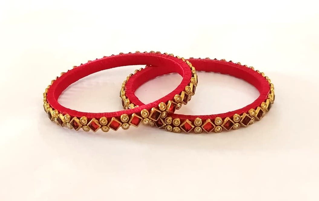 Exquisite Red Silk Thread Bangles with Gold & Stone Embellishments (Pair)