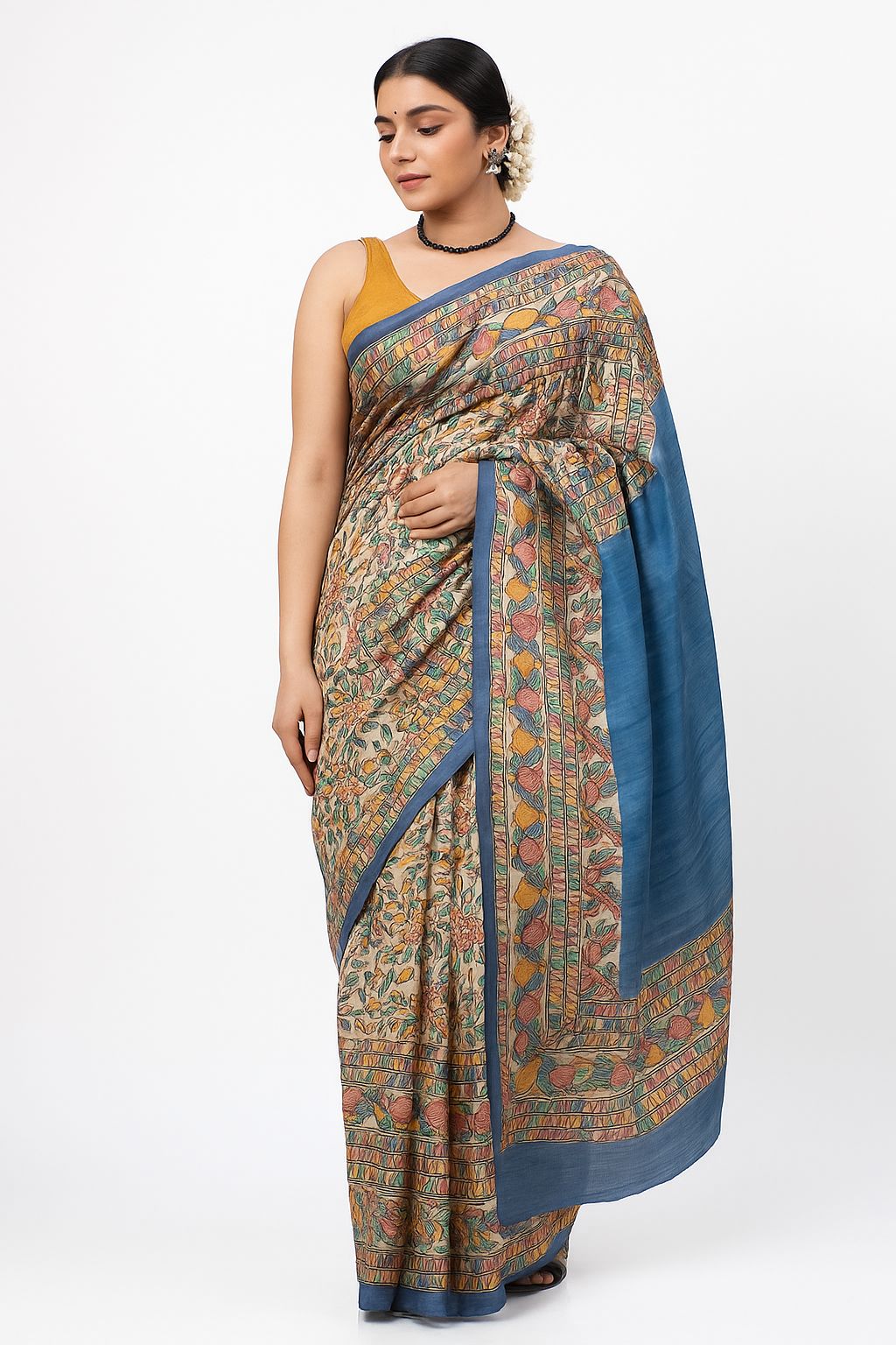 Handcrafted Madhubani Silk Saree with Blue Pallu and Traditional Motifs
