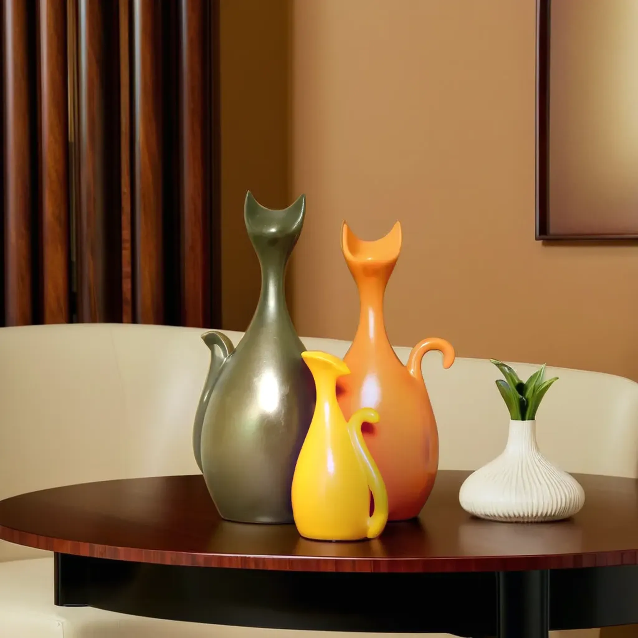 Modern Abstract Ceramic Cat Figurines Set - Plum, Teal & Peach Home Decor