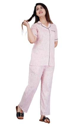 Women's Casual Half Sleeve Printed Viscose Rayon Shirt with Pyjama Pant Night Suit Set Size S (Pink)