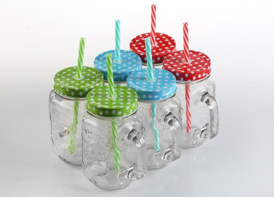 Glass Mason Jar With Air Tight Lid & Straw, 450 ML,Set Of 2,Handle Mason Mug Jars For Drinks Beverages Fruit,Juice ,Coco, Milk,Water,Smoothie,Re-Usable Straw, Ideal for Gym,Office Home, Travel,College
