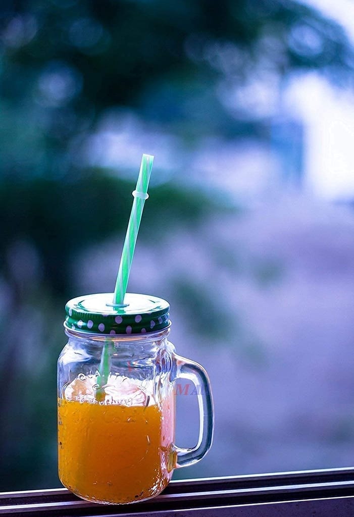 Glass Mason Jar With Air Tight Lid & Straw, 450 ML,Set Of 2,Handle Mason Mug Jars For Drinks Beverages Fruit,Juice ,Coco, Milk,Water,Smoothie,Re-Usable Straw, Ideal for Gym,Office Home, Travel,College