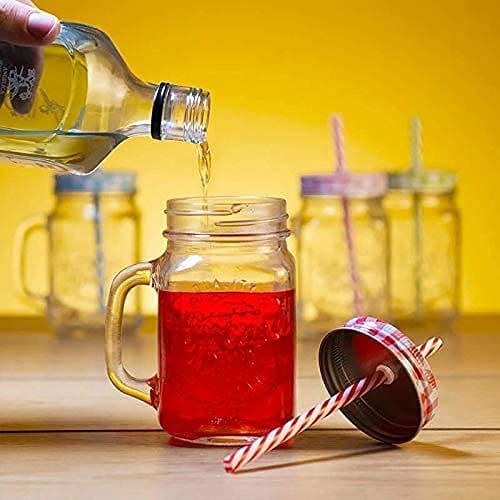 Glass Mason Jar With Air Tight Lid & Straw, 450 ML,Set Of 2,Handle Mason Mug Jars For Drinks Beverages Fruit,Juice ,Coco, Milk,Water,Smoothie,Re-Usable Straw, Ideal for Gym,Office Home, Travel,College
