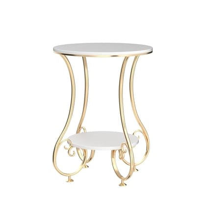 Farmhouse Accent Coffee Table Simple Modern Bedside Side Table Small Round Table Engineer Top Metal Table Living Room Sofa (Gold & White)