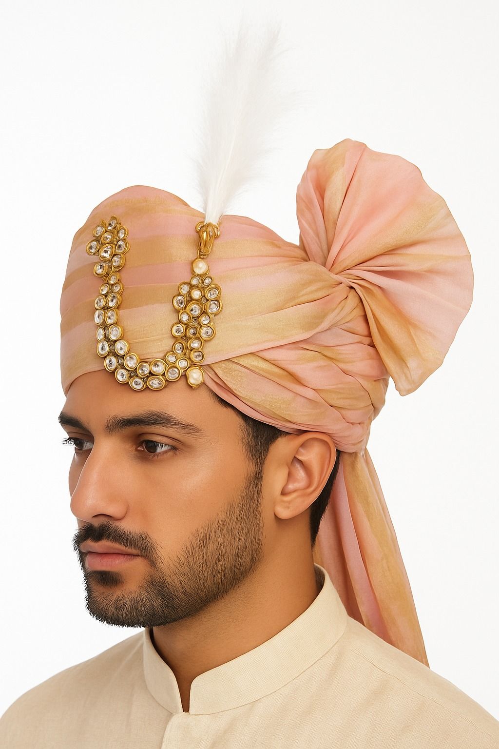 Pink & Gold Striped Wedding Turban for Groom with Jeweled Kalgi & Feather