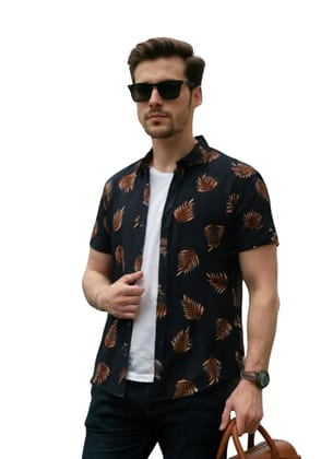 Men's Black Tropical Leaf Print Casual Short Sleeve Shirt - Summer Fashion Men's Black Tropical Leaf Print Casual Short Sleeve Shirt - Summer Fashion