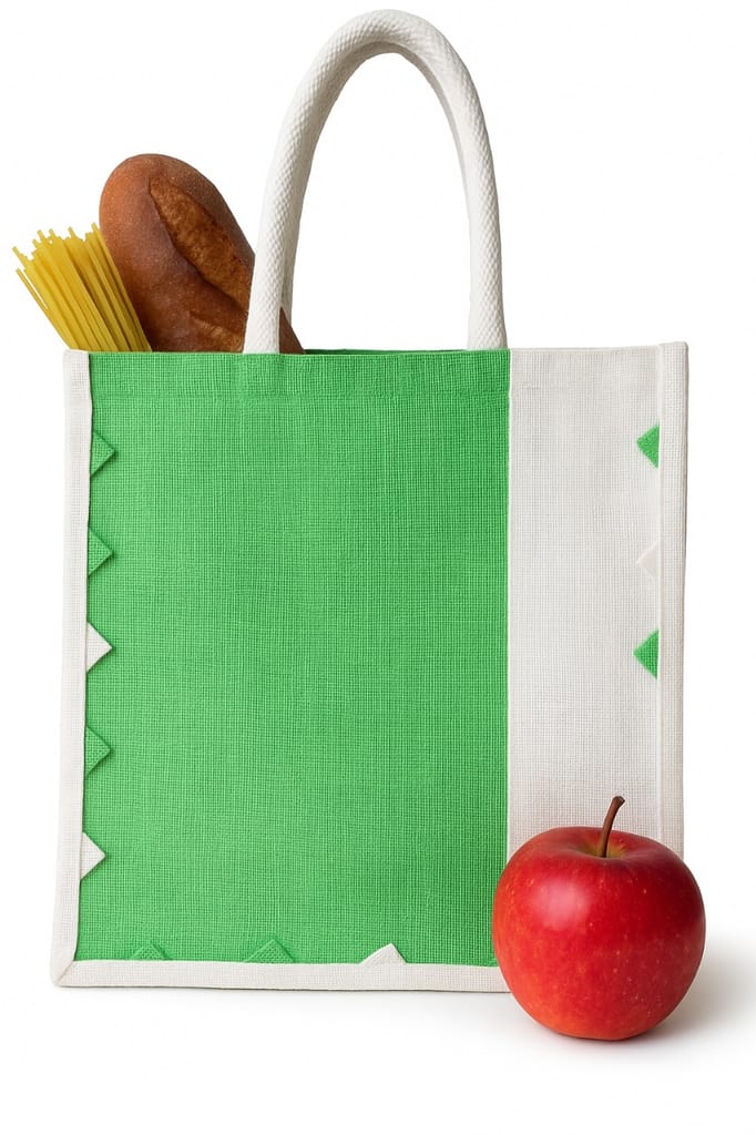 Stylish Green & White Jute Canvas Tote Bag with Contrast Trim