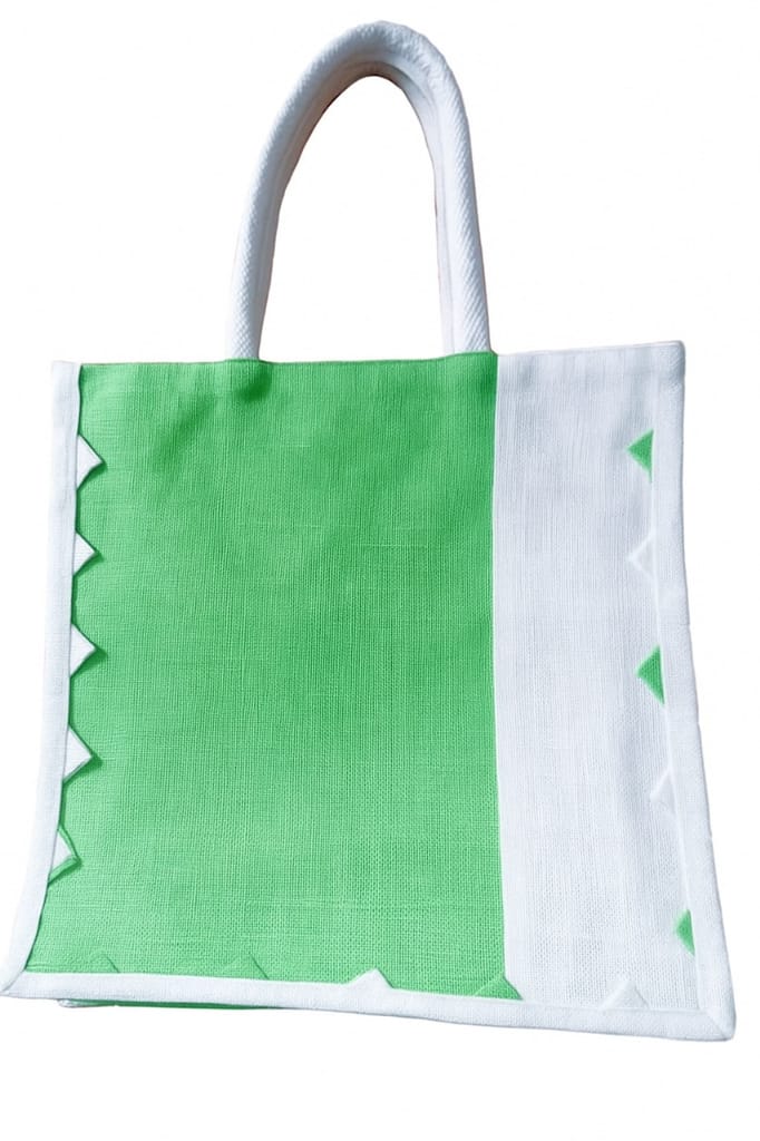 Stylish Green & White Jute Canvas Tote Bag with Contrast Trim