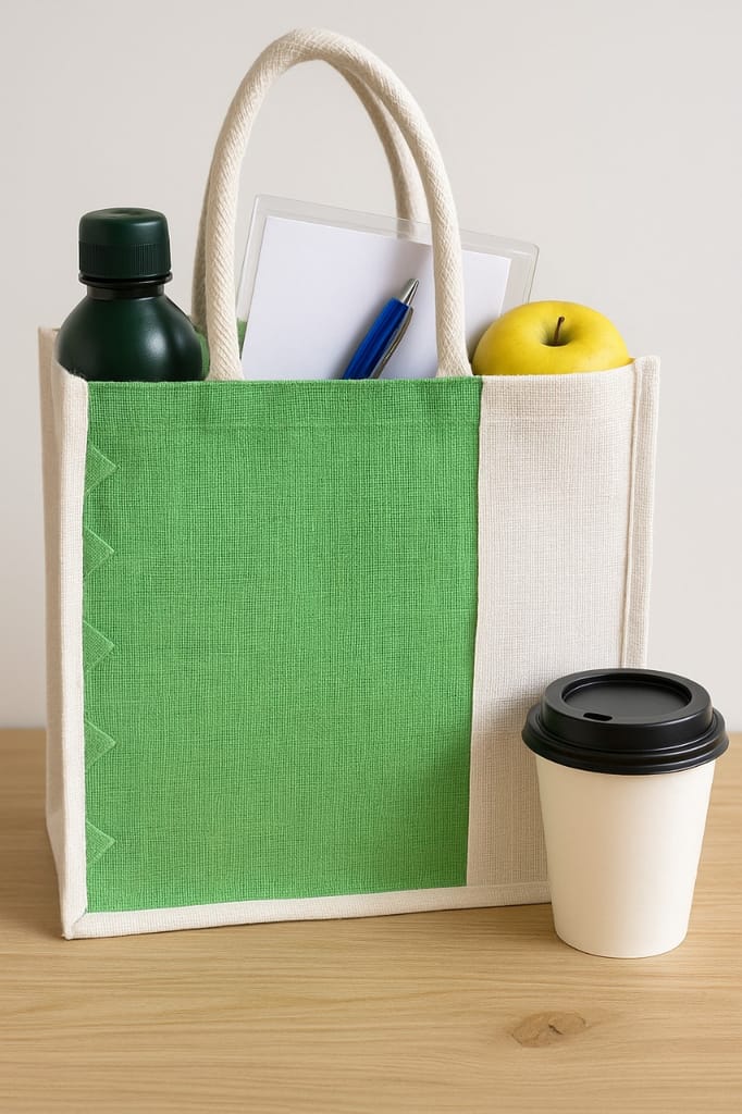 Stylish Green & White Jute Canvas Tote Bag with Contrast Trim