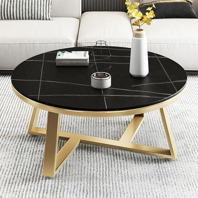 Modern Metal Coffee Table – Round/Stylish Accent Table for Living Room, Sturdy & Durable Design, Space-Saving & Easy Assembly, Industrial & Contemporary Home Furniture (Black Gold)