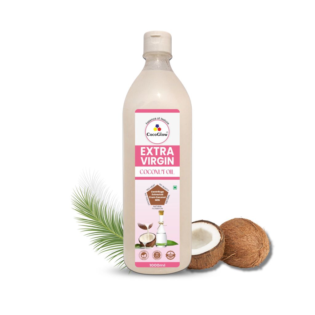 CocoGlow Extra Virgin Coconut Oil | 100% Pure & Natural | Wood Pressed (Kacchi Ghani Lakdi Ghana) | For Cooking, Hair & Skin Care | 1 Liter