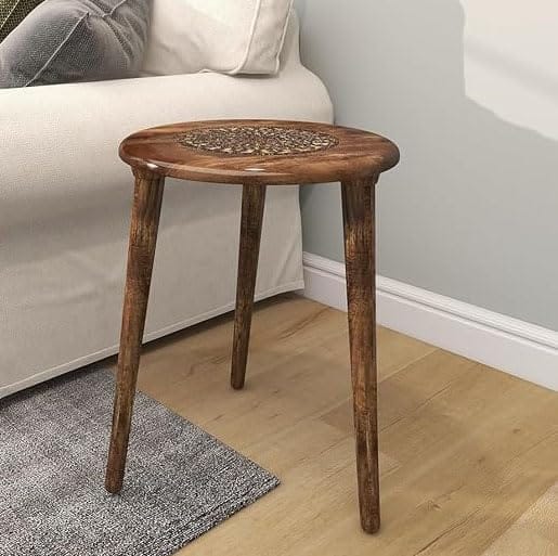 Wooden Table with Three Legs A Modern Round Coffee Table and Side Table for Small Spaces with Pillar, Wood Books, Magazines, and Plant Stand for Living Room Entryway Table. (Antic Burning)