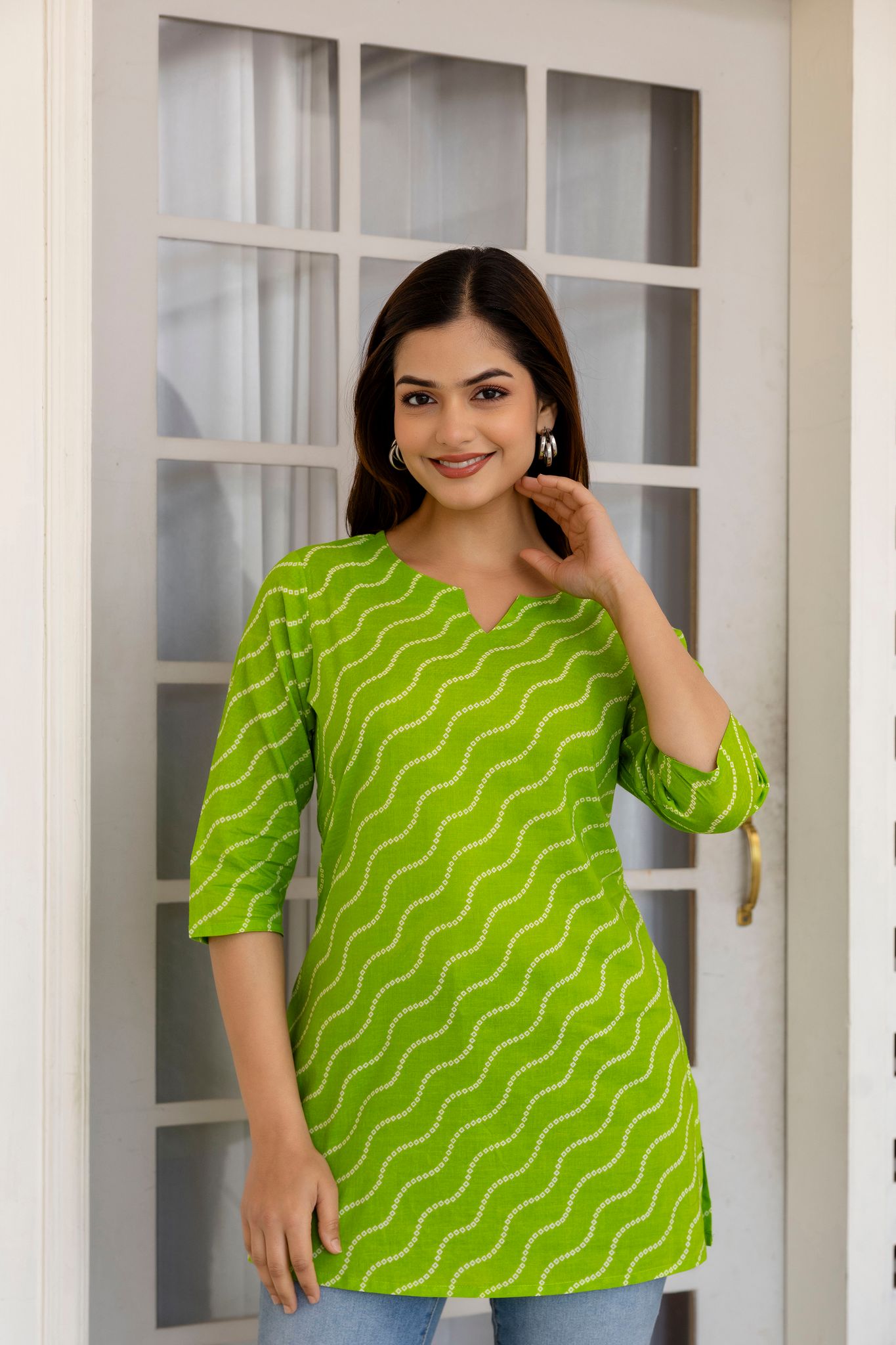 Women's Lime Green Bandhani Print Cotton Tunic Top