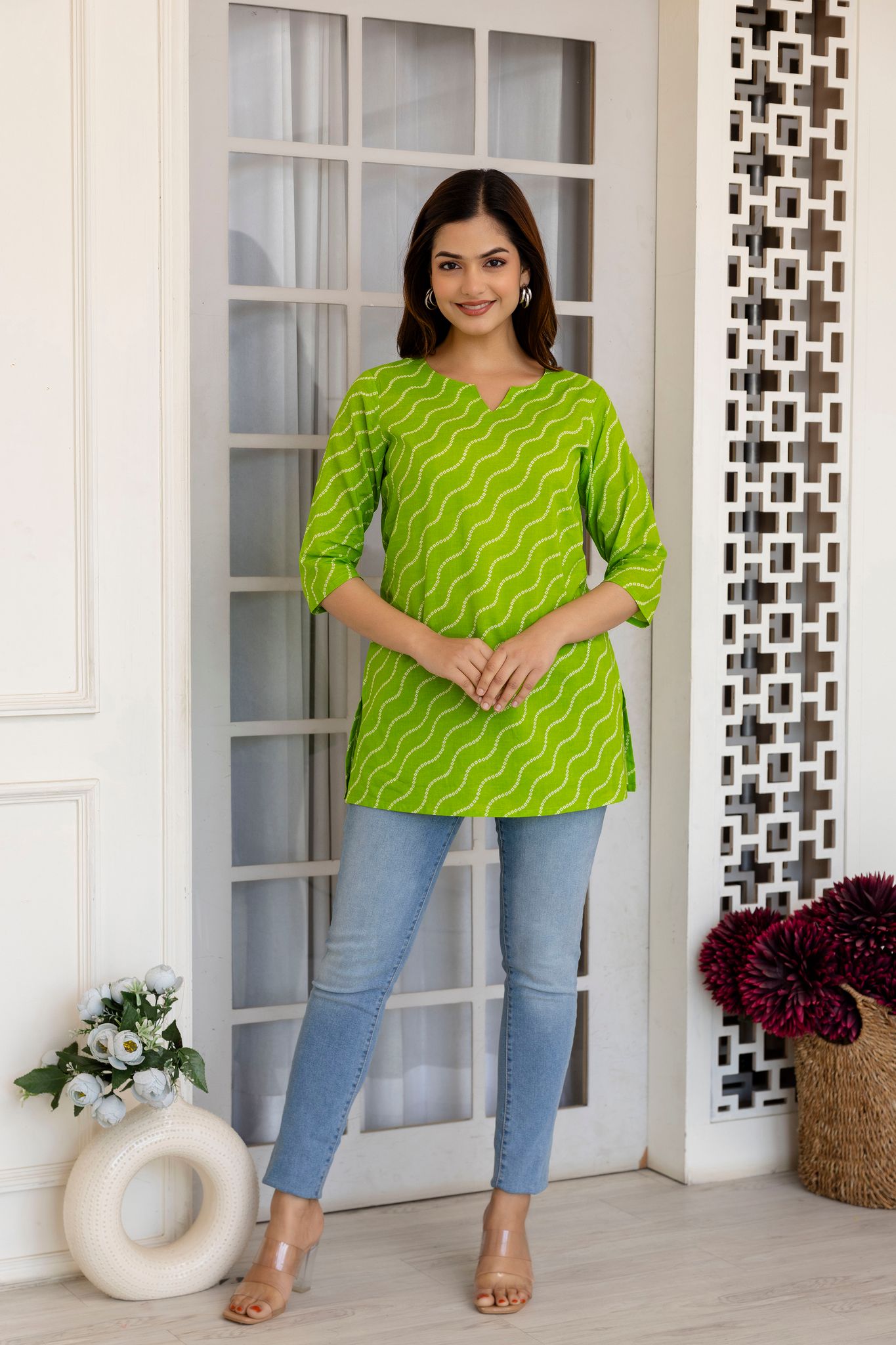 Women's Lime Green Bandhani Print Cotton Tunic Top