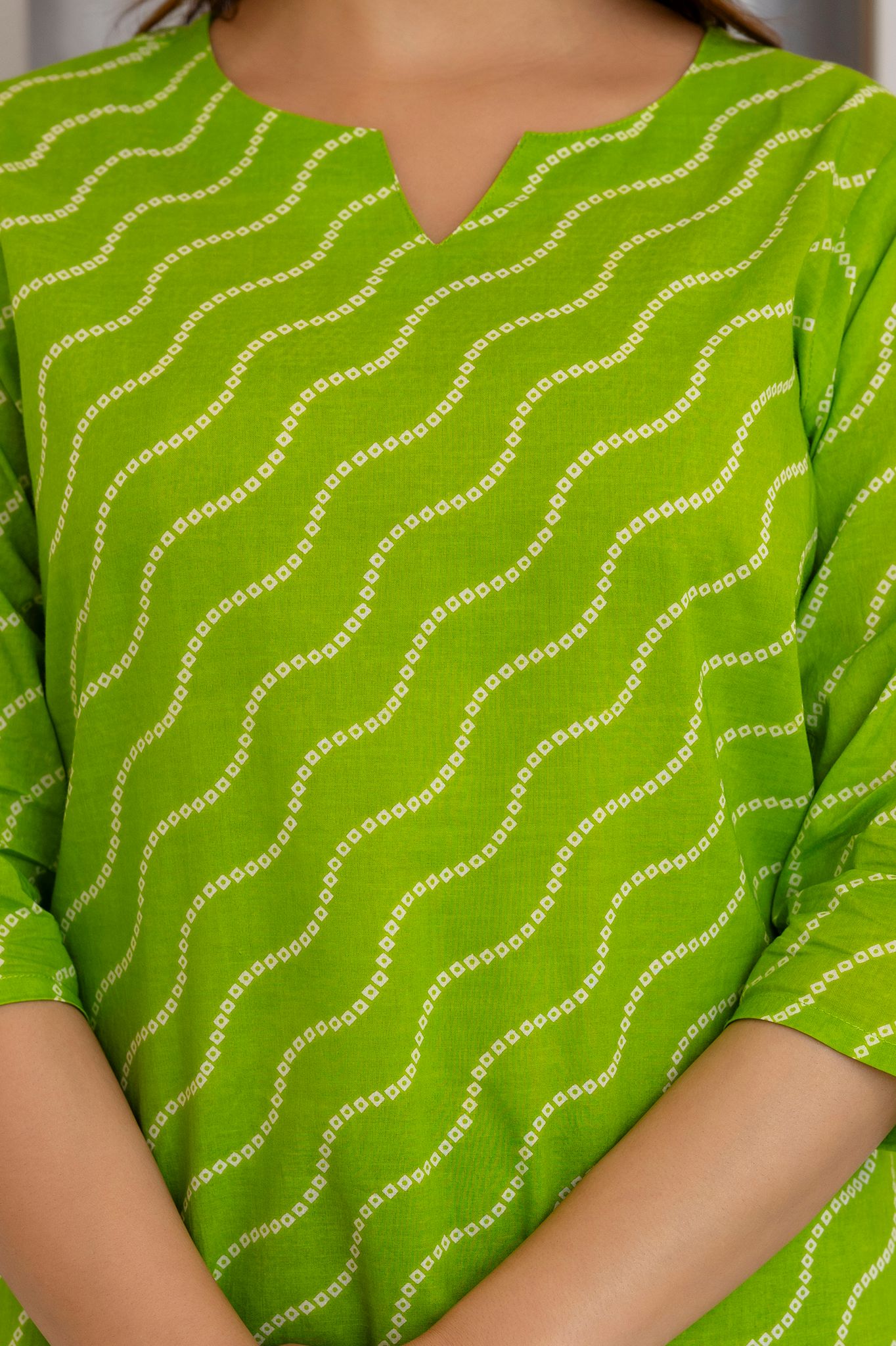 Women's Lime Green Bandhani Print Cotton Tunic Top