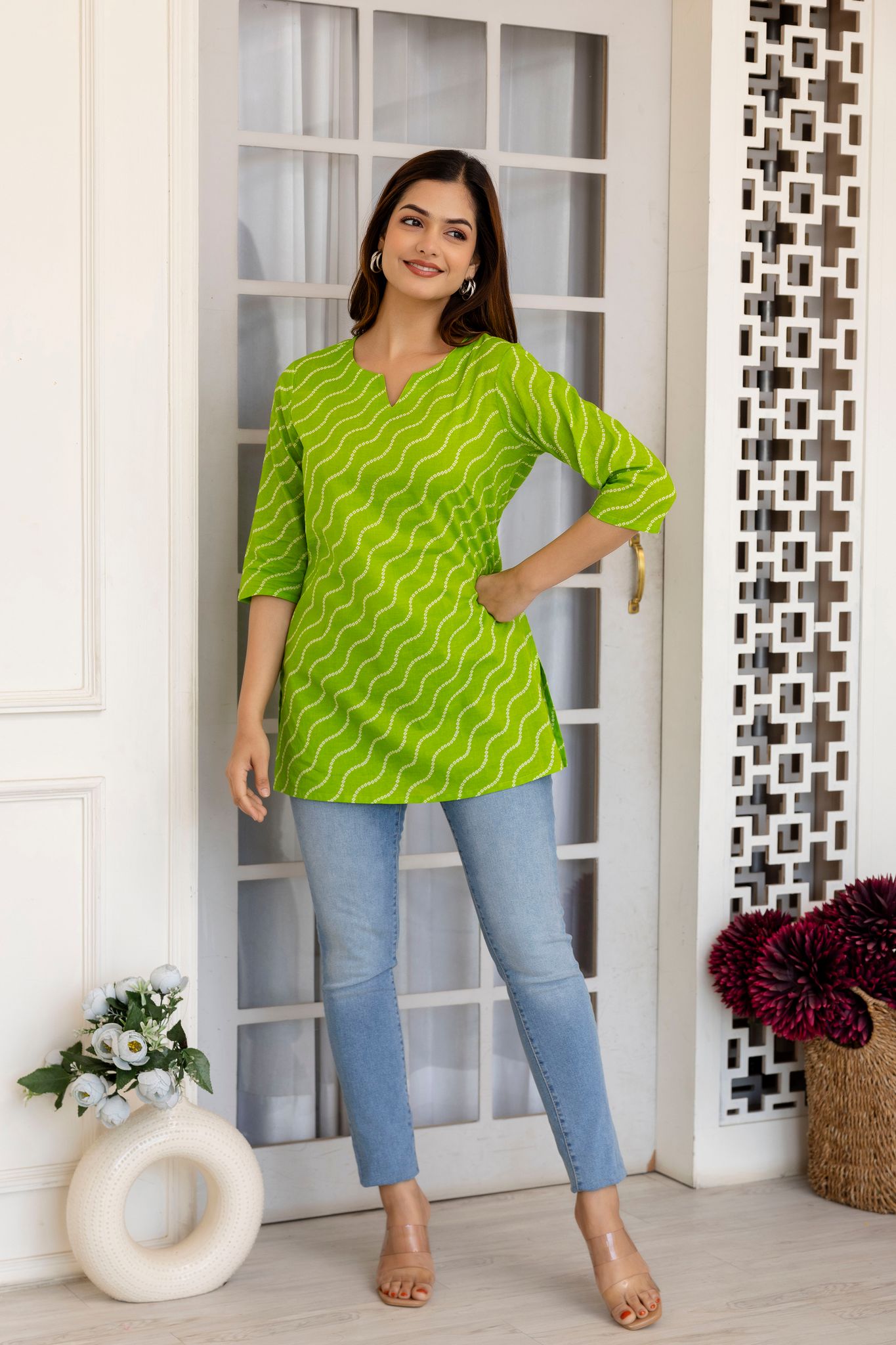 Women's Lime Green Bandhani Print Cotton Tunic Top