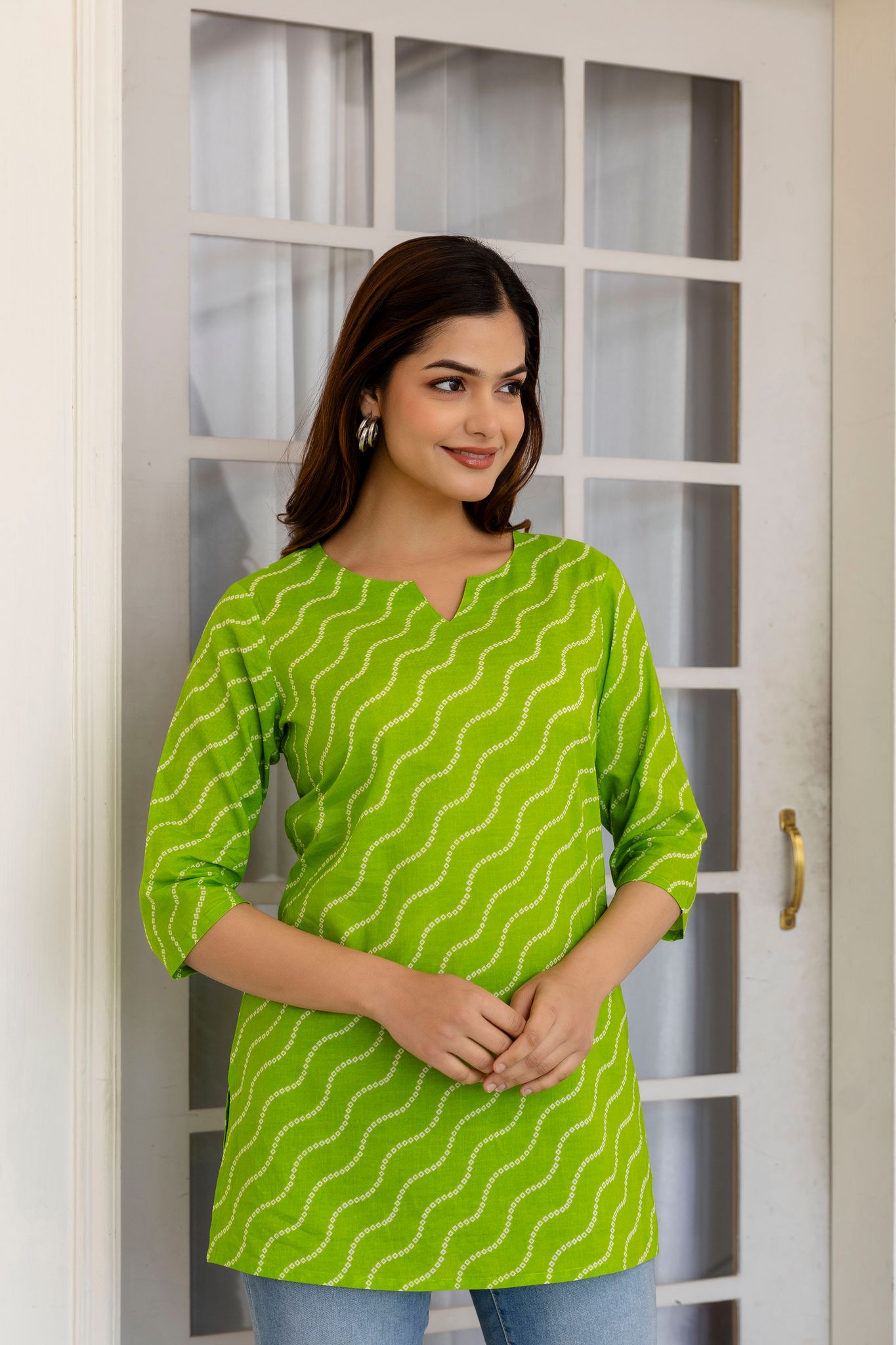 Women's Lime Green Bandhani Print Cotton Tunic Top