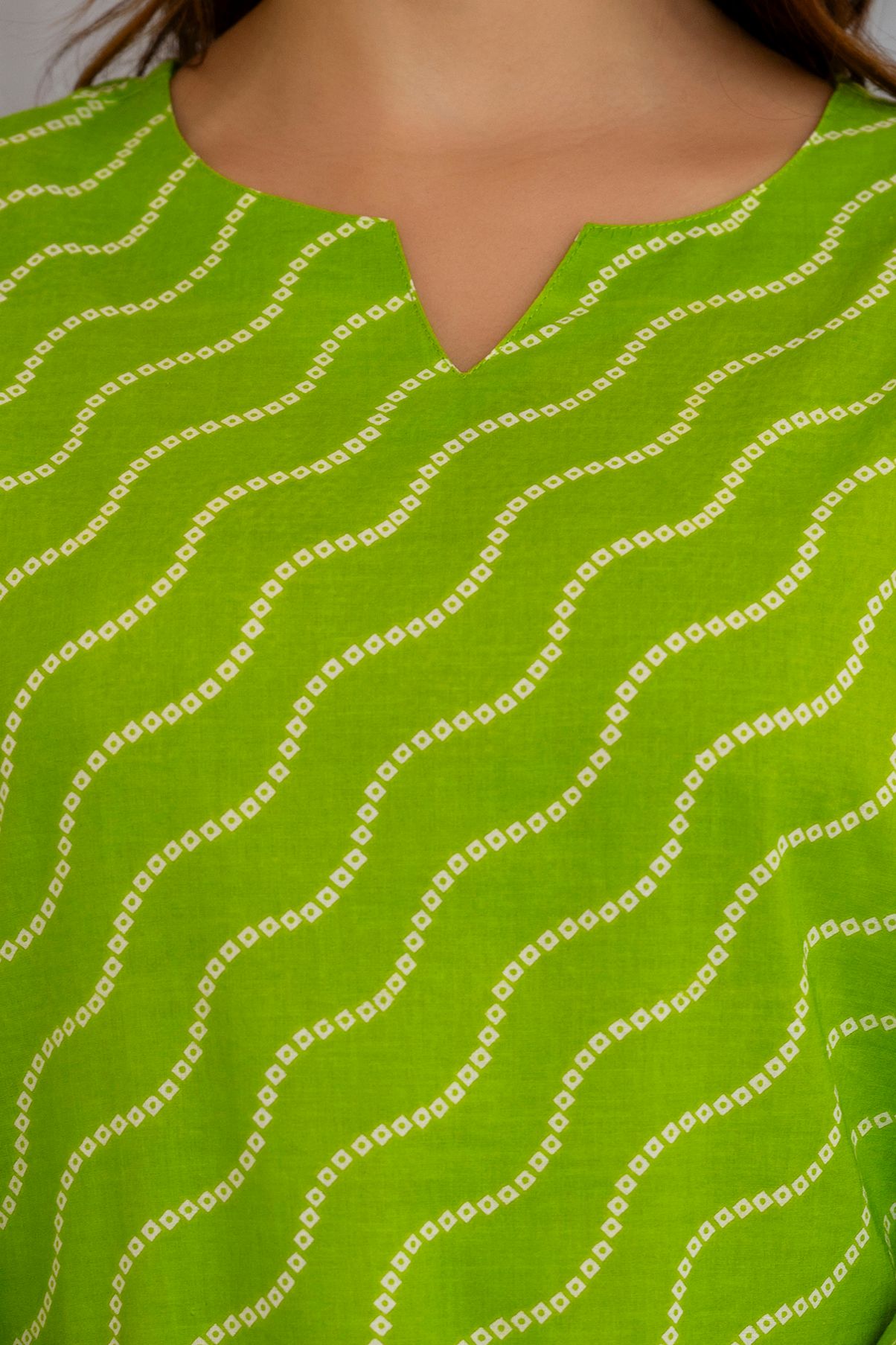 Women's Lime Green Bandhani Print Cotton Tunic Top