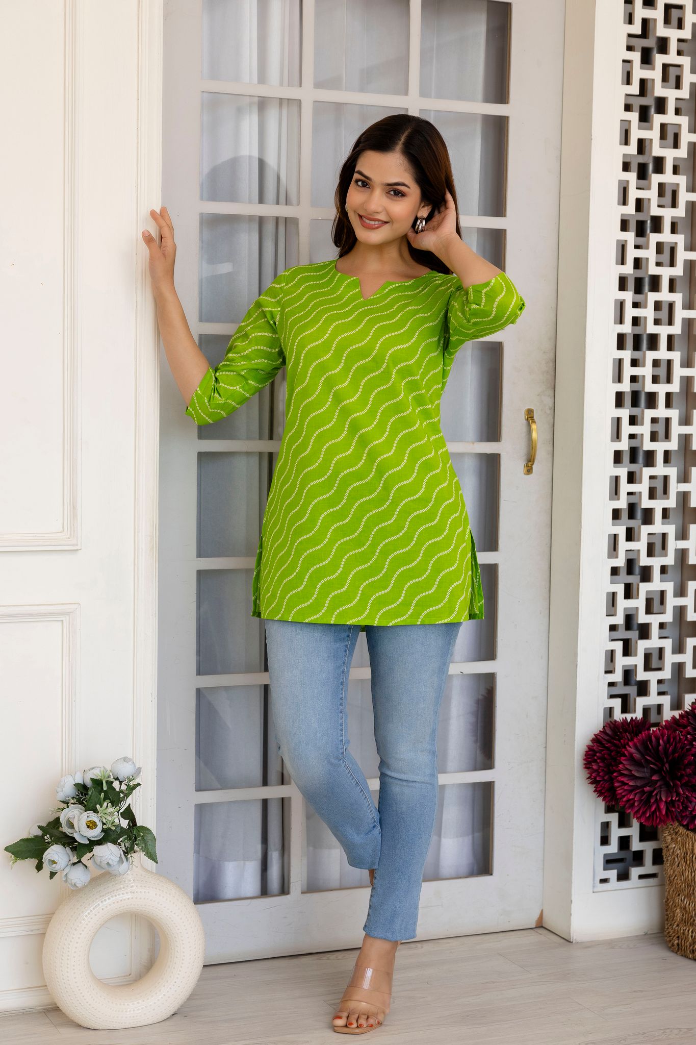 Women's Lime Green Bandhani Print Cotton Tunic Top