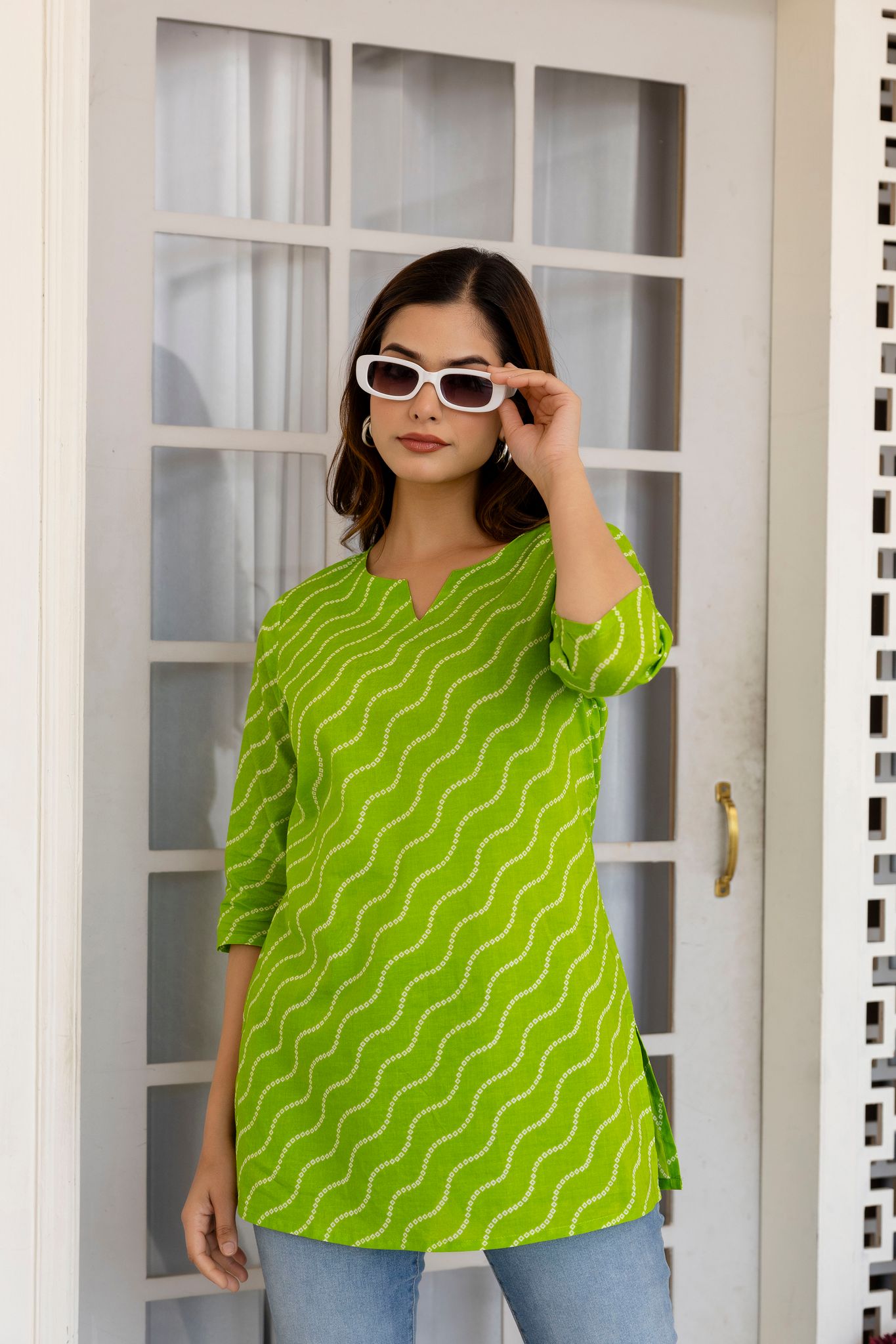 Women's Lime Green Bandhani Print Cotton Tunic Top