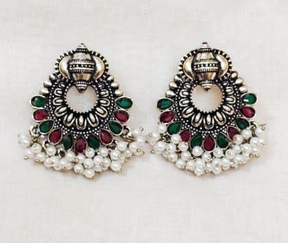 Oxidized Silver Jhumka Earrings with Red Green Stones & Pearl Drops