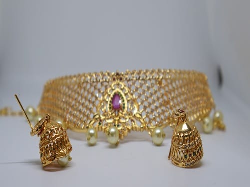 KANDUKUR Exquisite Gold Plated American Diamond Choker Necklace Set with Jhumka Earrings