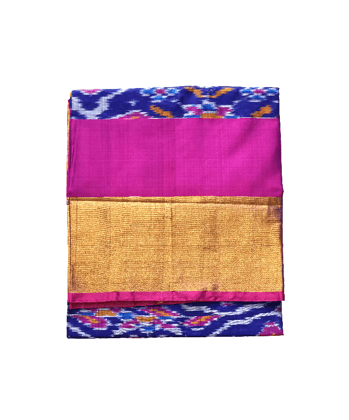 Handloom Royal Blue Ikat Uppada Pattu Saree, Magenta Border, Gold Zari Pallu