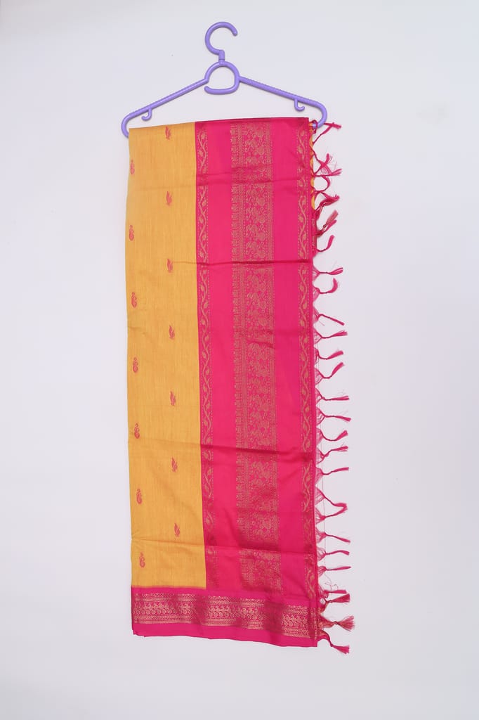Vibrant Mustard Yellow & Rani Pink Art Silk Saree with Golden Zari Weave