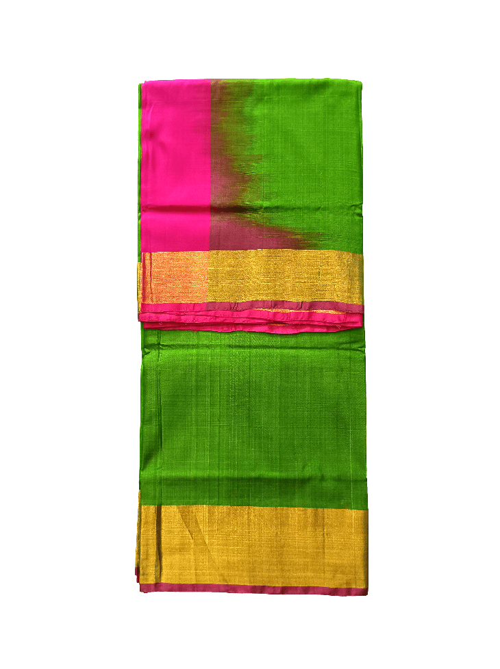 Vibrant Parrot Green & Pink Uppada Pattu Saree with Golden Zari Border - Traditional & Elegant