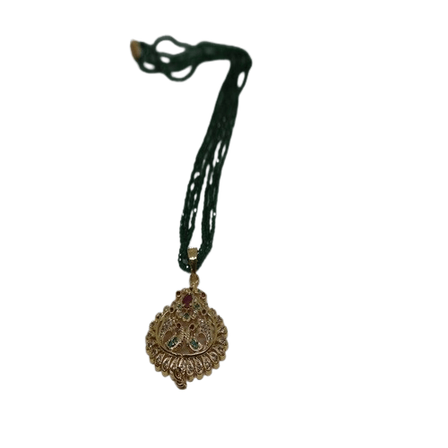 KANDUKUR Traditional Gold-Plated Peacock Pendant Necklace with AD Stones & Green Beaded Chain