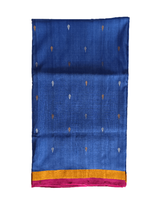 Royal Blue Upadda Jamdani Pattu Saree with Golden & Pink Border - Handloom Buti Design
