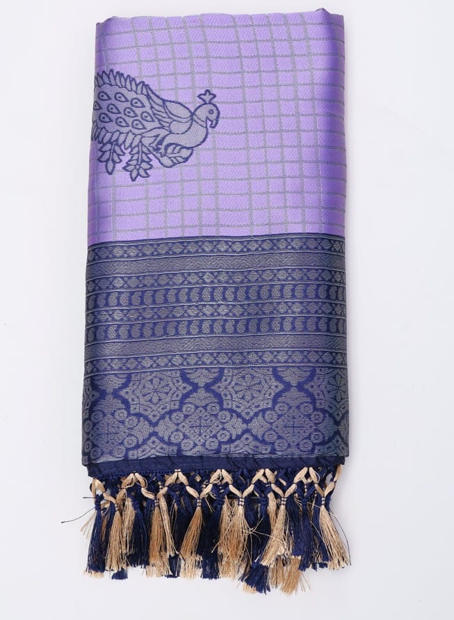 Lavender & Navy Blue Silk Blend Saree with Peacock Motif & Zari Woven Border
