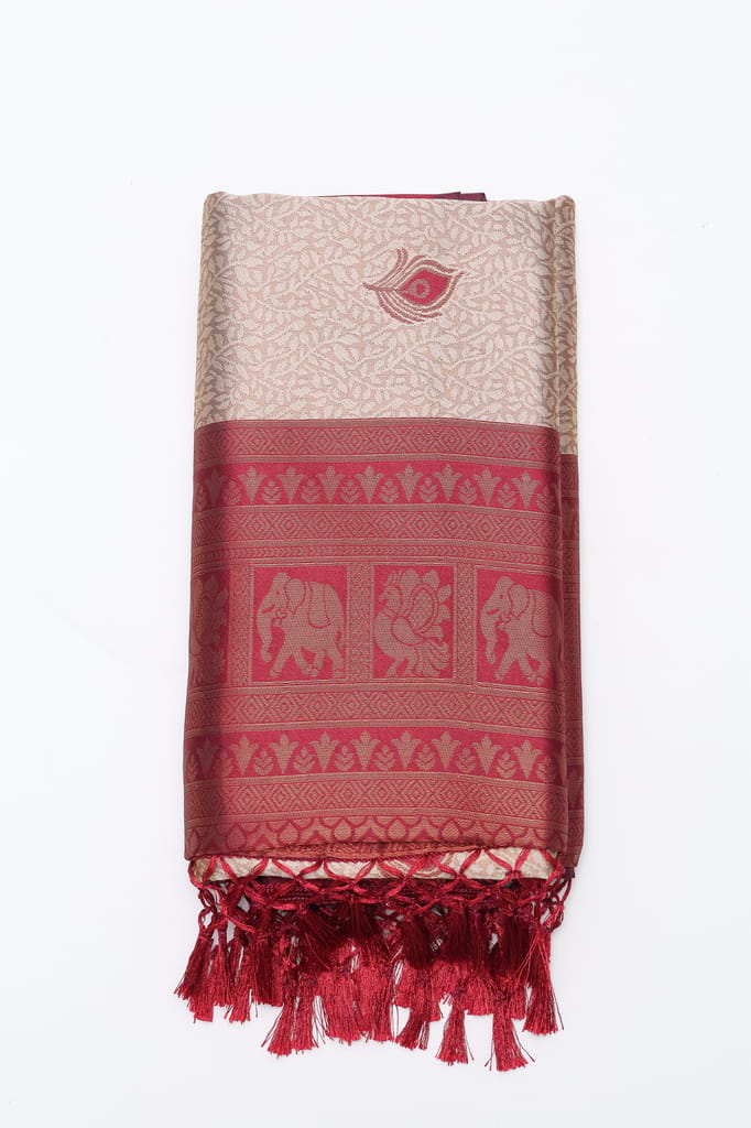 Maroon Golden Silk Blend Woven Saree with Elephant Motifs & Tassels
