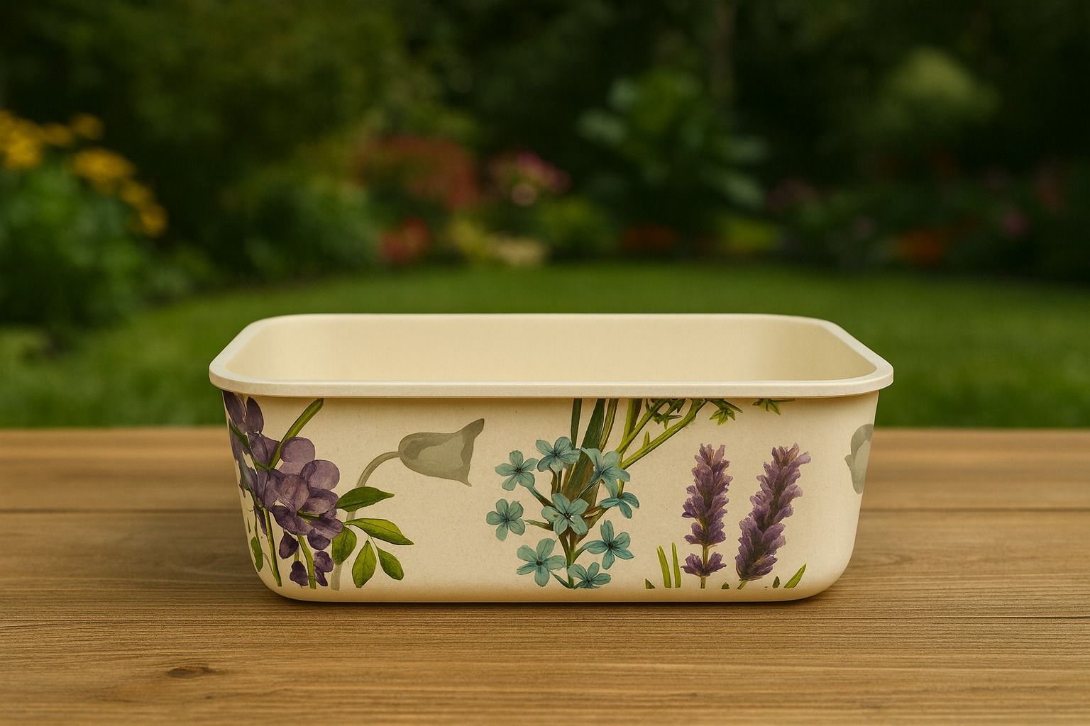 ECOCASK Bamboo Floral Pattern Food Storage Container, Decorative Rectangular Serving Bowl